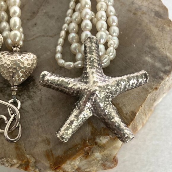 Sterling Silver 925 Layered Triple Strand Freshwater Pearl Starfish Necklace - Picture 16 of 16